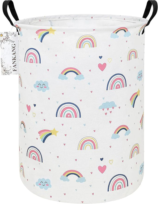 FANKANG Storage Basket, Nursery Hamper Canvas Laundry Basket Foldable with Waterproof PE Coating Large Storage Baskets for Kids Boys and Girls, Office, Bedroom, Clothes,Toys（Love Rainbow ）