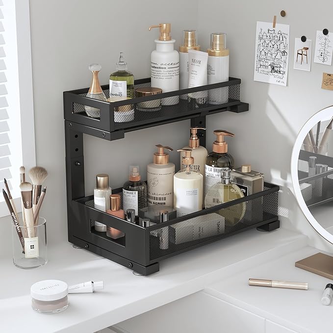 1 Pack-11.4"-16.14"H Under Sink Storage Organizer, Large 2-Tier Elegant Mesh Pull Out Shelf for Kitchen and Bathroom Cabinet Organization, L-Shaped and Adjustable Height Design for Maximum Space-Black-NeatNest
