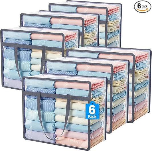 Budding Joy 6 Pack Clear Zippered Storage Bags for Clothes,40L Closet Organizers and Storage Containers Vinyl Moving Bag for Bedding, Linen, Blankets, Comforters, Clothing & Toys, Grey-NeatNest