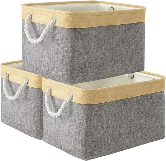 TheWarmHome Storage Basket for Organizing - Fabric Large Cubes 3 Pack 16x12x12 inch Baskets, Cube Storage Bin for Shelves Organizer Closet Cloth Gift Toy (Gold & Grey)-NeatNest