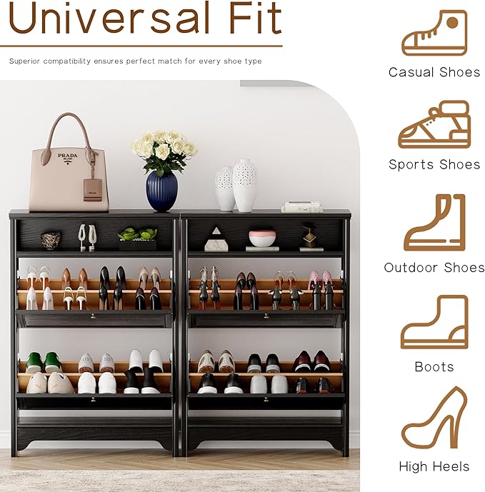 Chogori Solid Wood Shoe Storage Cabinet for Entryway - Narrow Freestanding Shoe Organizer with 2 Flip-Up Drawers, Hallway Shoe Rack with Sturdy Wooden Legs for Foyer, Living Room (2, Onyx Black)