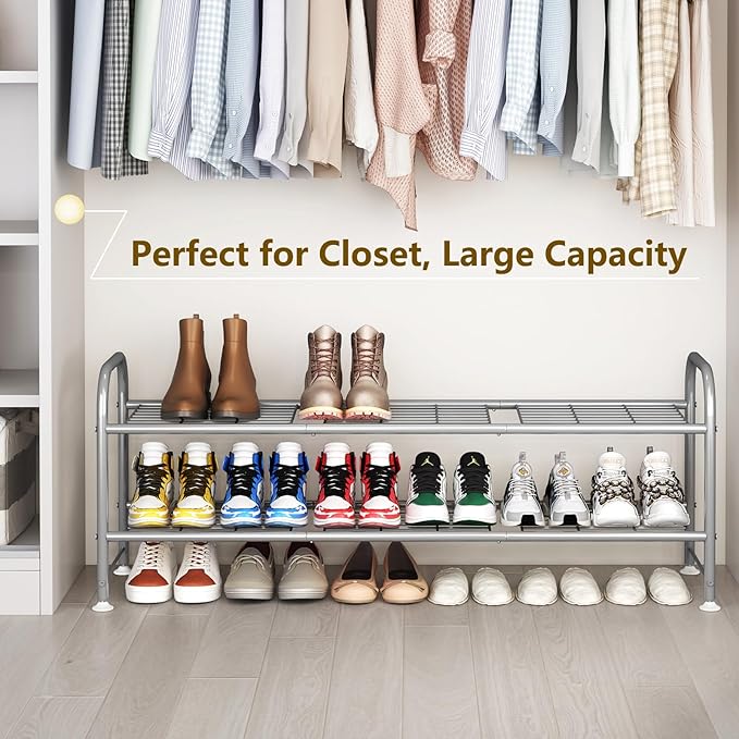 LINZINAR Shoe Rack 2 Tier Storage Organizer for Closet Entryway Metal Grey-NeatNest