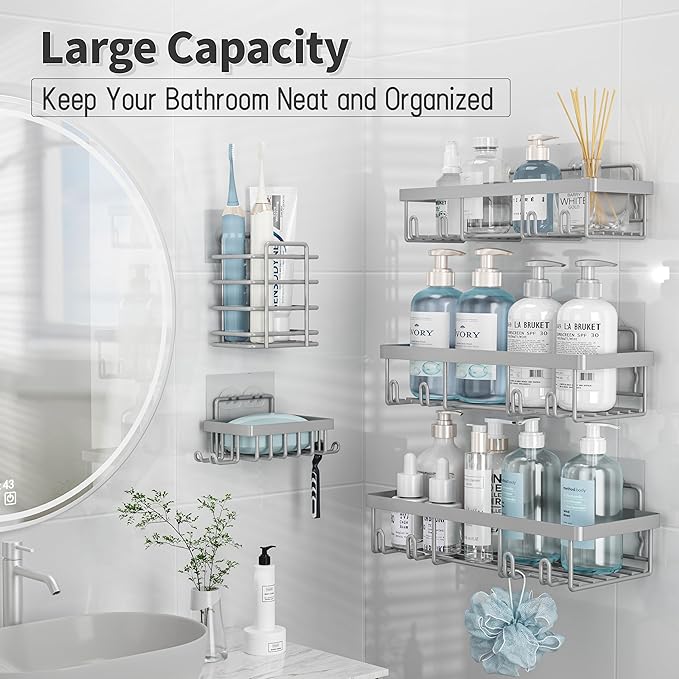 10 Pack Shower Caddy Organizer Rack Shelf for Inside Shower, Self Adhesive Wall Storage Basket Rustproof Stainless Steel Shampoo Holder Bathroom Accessory Decor Set, Grey-NeatNest