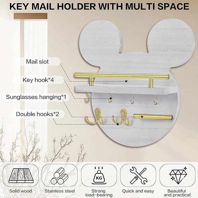 AIRPOP Disn Key Holder for Wall–Mouse Wooden Mail Organizer Wall Mount with Shelf and 6 Hooks, Easy Installation Key Rack Hanger for Entryway Living Room Home Decor(White)