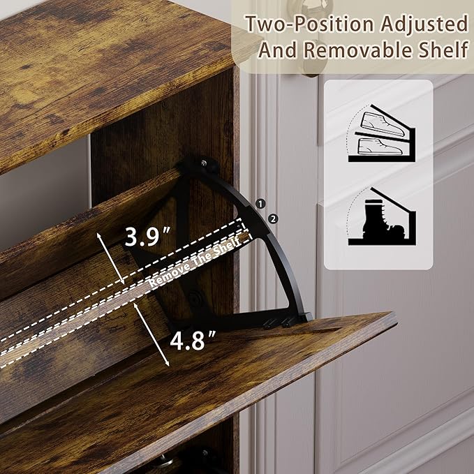 3 Flips Shoe Cabinet for Entryway, Narrow Shoe Storage Cabinet with Adjustable Shelves, Wooden Space-Saving Organizer and Rack for Foyer, Closet, Hallway