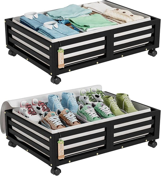 Bamboo Under Bed Storage Containers- Underbed Organizer with Wheels with Large Dust Bag,Sturdy Wood Rolling Under the Bed Shoe Storage Organizer Drawer 2 Pack-NeatNest