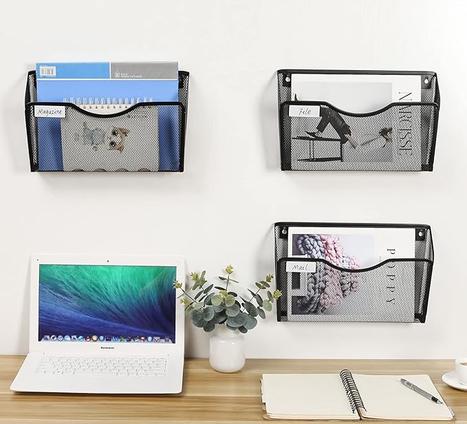 EasyPAG 6 Pack Wall File Holder with Label Panel, Single Mesh Hanging File Organizer for A4 Letter Size Paper, Wall Mount Paperwork Basket for Office, Home, School, Black