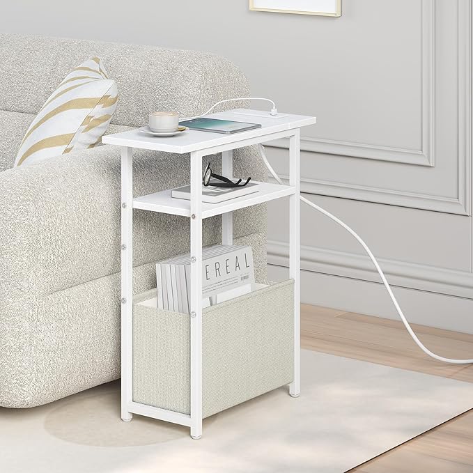 Narrow Side Table with Charging Station, Small End Table for Small Spaces, Skinny Nightstands with Storage Basket, 3 Tier Sofa Couch Bedside Tables for Living Room,Bedroom, White