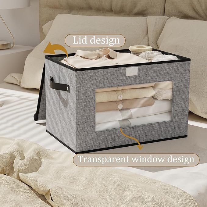 Cloth Storage Cubes, Decorative Linen Closet Organizers Bins, 17.7 x 11.8 x 11.8 inch Blanket Baskets for Shelves with Lids, Clothes Boxes with Handles, Gray, 1-Pack-NeatNest