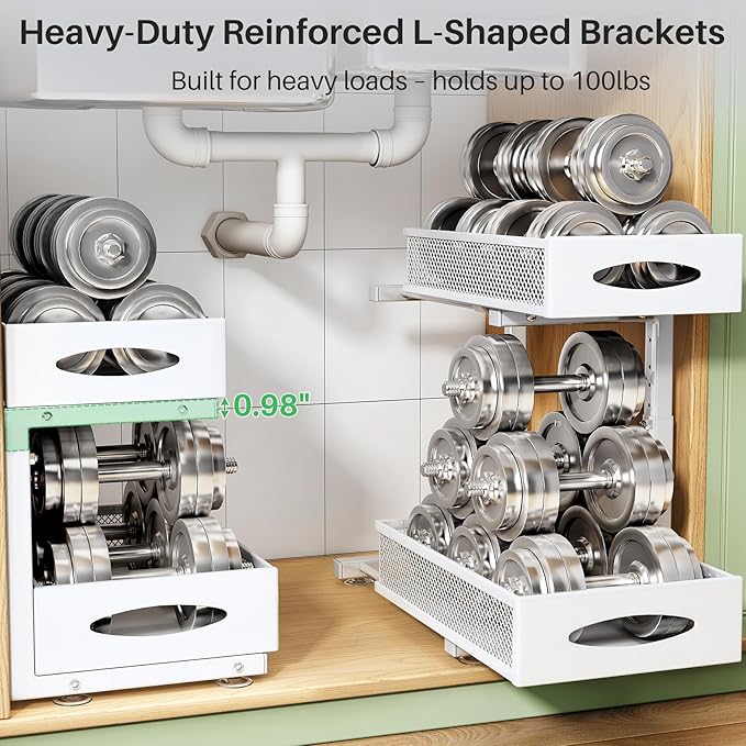 Under Sink Organizer, 2 Pack 2 Tier Pull out Cabinet Organizer Baskets with Mesh Sliding Drawers, Slide out Sink Storage Shelves for Kitchen, Bathroom, Pantry, Cabinet Organizers and Storage(White)-NeatNest