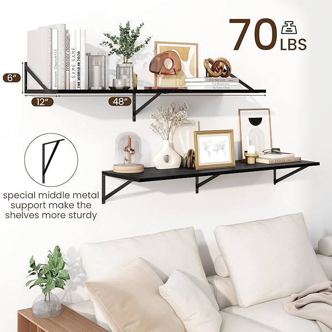 Fun Memories Floating Shelves for Wall, 12 Inch Deep Floating Shelves Set of 2, 48W x 12D Large Wall Shelf with Sturdy Metal Brackets for Living Room, Bathroom, Bedroom and Kitchen, Black-NeatNest