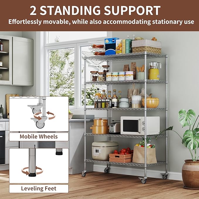 5-Tier Metal Storage Shelving Unit, Adjustable Storage Rack Display Shelves, Industrial Steel Wire Shelf on Wheels, Commercial and Home Use, 48”W x 24”D x 72”H, 1500 LBS Capacity-NeatNest