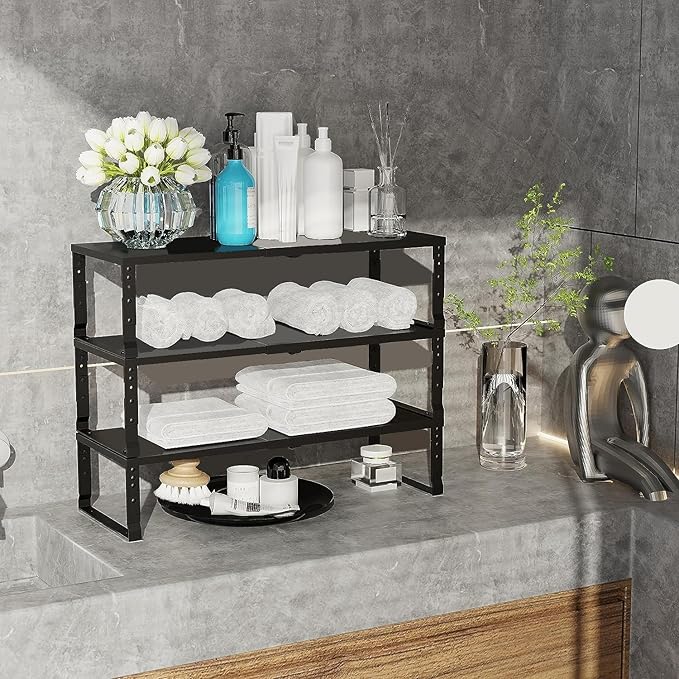 Expandable Cabinet Shelf Organizer Storage Spice Rack Shelves for Kitchen Stackable Adjustable Pantry Cupboard Bathroom Countertop Desktop(2Packs/Black/Large)-NeatNest