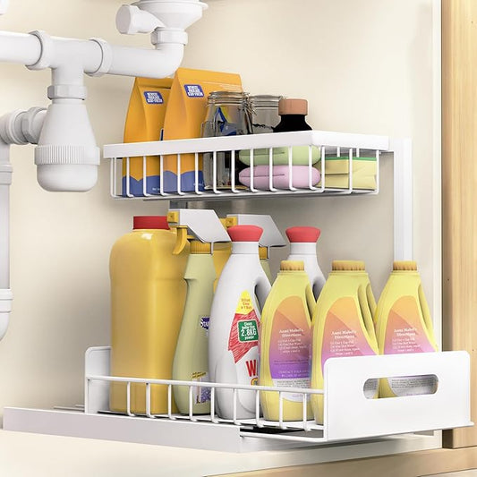 VUSIGN Under Sink Organizer, 2 Tier Pull Out Bathroom Cabinet Organizer, Under Kitchen Sink Organizers and Storage, Under Sink Shelf,1 Pack, White-NeatNest