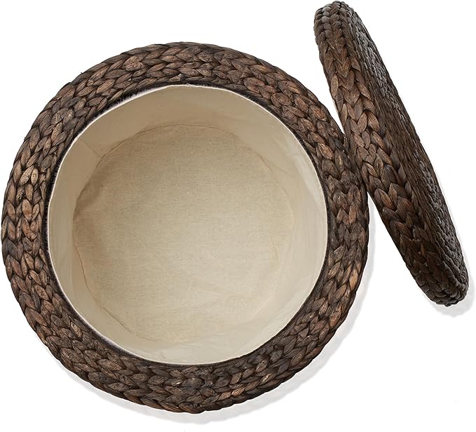 Casafield 17" Round Storage Ottoman with Lid - Espresso, Handwoven Water Hyacinth Footstool for Living Room, Bedroom, Bathroom, Home Office-NeatNest