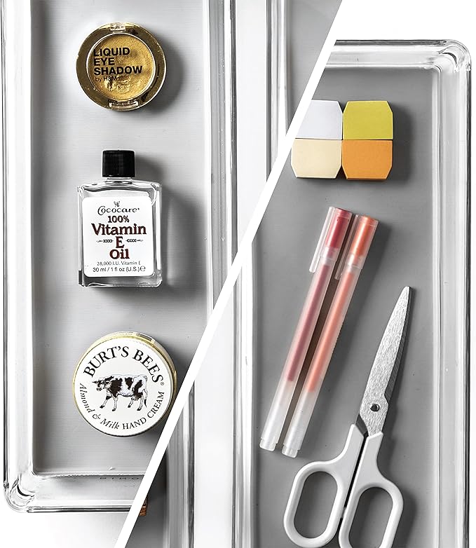 BINO | Oblong Plastic Drawer Organizer Bins, Light Grey- 2 Pack | THE ARTISAN+ | Multi-Use Organizer Bins | Soft-Grip Lining and Non-Slip Rubber Feet | Desk Drawer Organizer | Clear Vanity Organizer-NeatNest