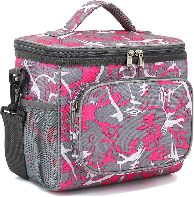 FlowFly Insulated Reusable Lunch Bag Adult Large Lunch Box for Women and Men with Adjustable Shoulder Strap,Front Zipper Pocket and Dual Large Mesh Side Pockets,Graffiti-NeatNest