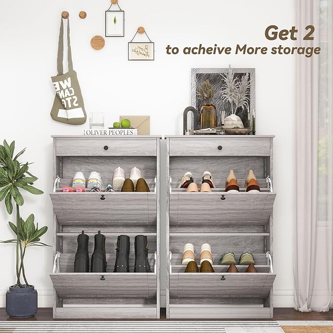 Shoe Storage Cabinet with 2 Flip Drawers, Narrow Freestanding Hidden Shoe Rack Cabinet, Pet-Proof Shoe Organizer for Closet, Entryway, Hallway, Wash Grey-NeatNest