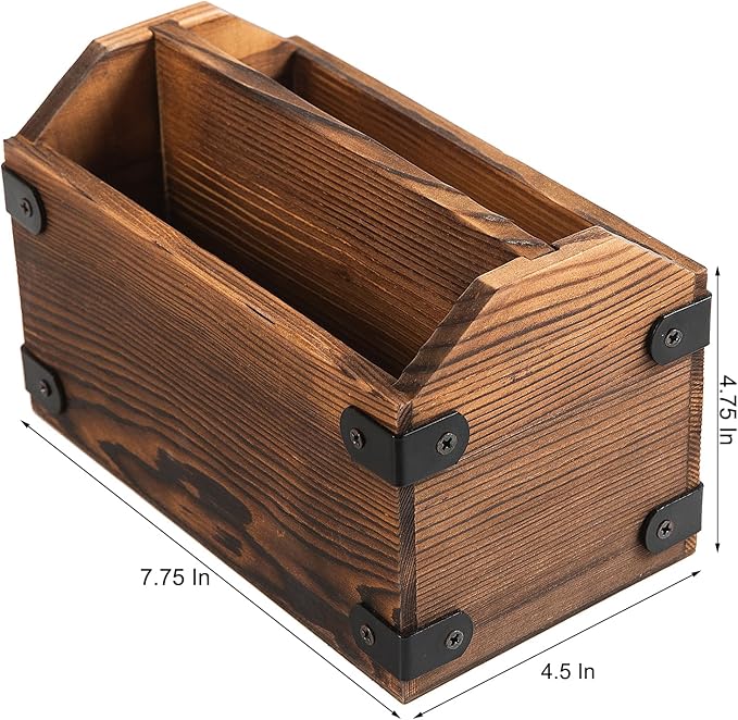 Brown Torched Wood Remote Control Organizer Burnt Wooden Tabletop Storage Caddy Two Compartment Holder TV Game Consoles Cell Phone Kitchen Utensils Office Supplies Living Room Home Bedroom-NeatNest