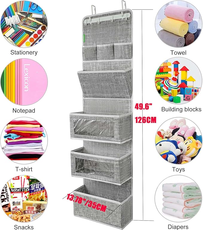 VICTORICH All-IN-ONE Over the Door Organizer, Super Behind the Door Storage Organizer with Door Rack and Large Clear Windows, Wall File Organizer, Hanging Organizer (New Grid Gray)