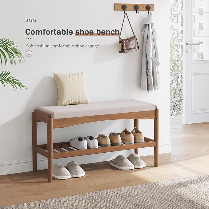 Shoe Bench Entryway Bamboo 2-Tier Shoe Rack with Cushion Padded Seat Shoe Bench Organizer Stable for Entry, Hallway, Living Room, Bedroom, Closet (31.5 * 11.4 * 16.5IN, Brown-Beige)