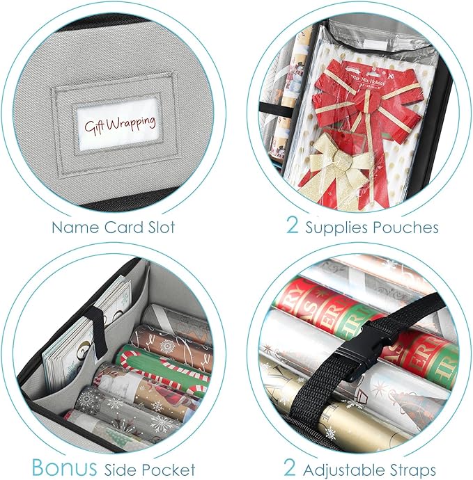 Hearth & Harbor Wrapping Paper Storage Container and Clear Wrap Paper Holder - Christmas Storage Bag with Interior Pockets - Fits Up to 36 Rolls of 40" - Tear Proof, Silver-NeatNest