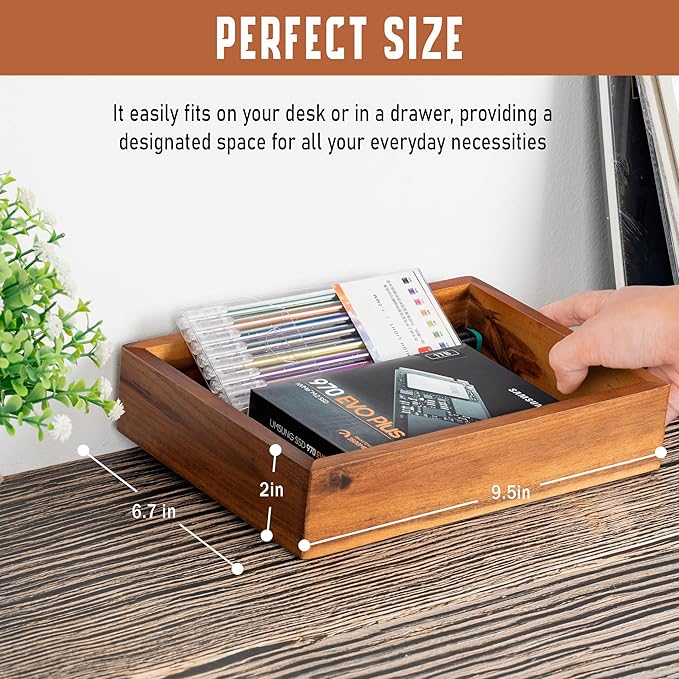 Demigo Acacia Wood Desk Organizer Tray - 9.5x6.7x2 Inch Letter & Stationery Holder for Office, Entryway, Desktop - Natural Wood Catchall for Pens, Mail, Keys-NeatNest