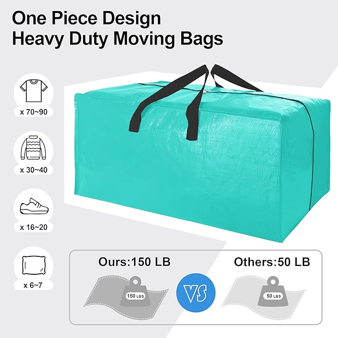 6 Pack Heavy Duty Extra Large Moving Bags W/Backpack Straps - Strong Handles & Zippers, Storage Totes For Space Saving, Fold Flat, Alternative to Box and Bin (40 gal, Aquamarine)