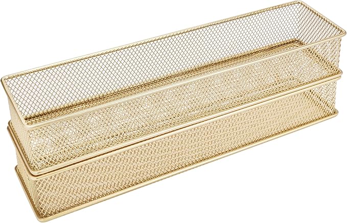 Annova Mesh Stackable Drawer Cabinet and Shelf Organizer Bins Storage Basket School Office Supply Holder Tray- Set of 2 (Gold, 3x12x2 Inch)-NeatNest