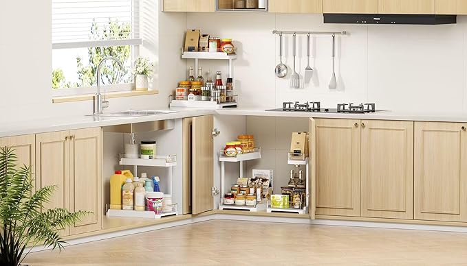 heart & home 1-Pack Under Sink Storage Organizer for Kitchen & Bathroom Cabinets with Removable Washable Tray, Tool-Free Assembly – Multi-Purpose for Kitchen Countertop, Vanity, & Laundry Room，White-NeatNest