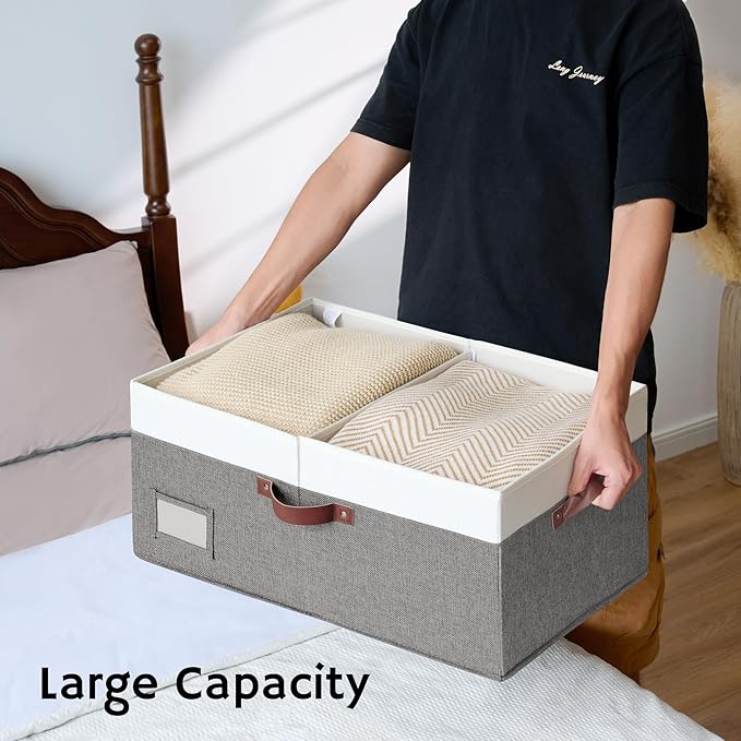 GRANNY SAYS Decorative Storage Boxes with Lid, Large Storage Bins with Double-Open Lid and Divider, Fabric Storage Bins for Clothes, Linen Storage Bins, 63L Closet Storage Bins, White&Gray-NeatNest