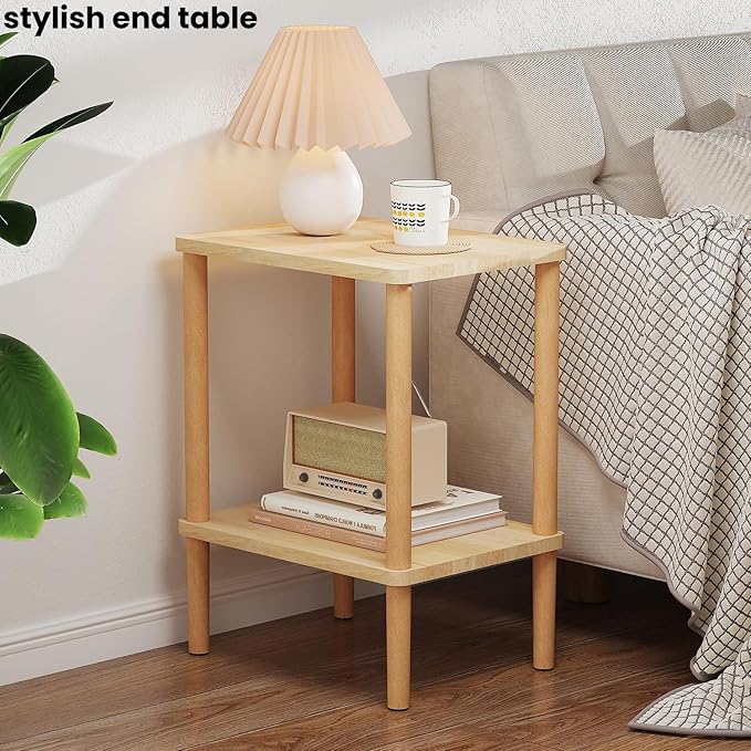 LUCKNOCK Solid Wood Side Table, 2-Tier Small End Table with Storage Shelf, Narrow Nightstand Bedside Table for Small Spaces, Bedroom, Living Room, Farmhouse, No-Tool Assembly.