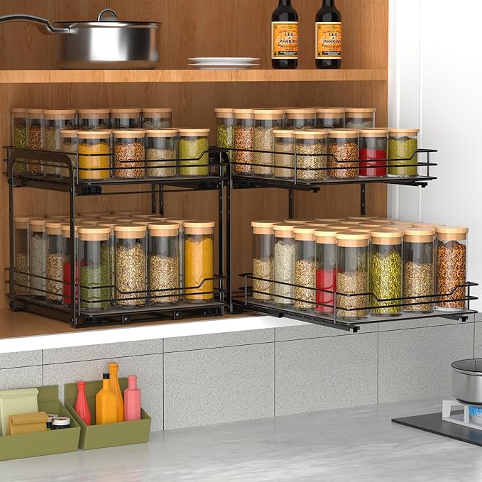 2-Tier Spice Rack, Pull Out Cabinet Organizer Spice Racks Height Adjustable Heavy Duty Metal Basket for Inside Cabinets & Pantry Closet(9.5''Wx10.5''Dx9.5''H)-NeatNest