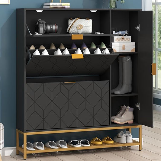 Loomie Shoe Cabinet,Freestanding Tipping Bucket Shoe Rack Organizer with 2 Flip Drawers,Entryway Narrow Shoe Storage with Adjustable Storage Shelf &Top Cubby,Modern Slim Hidden Shoe Cabinet, Black-NeatNest