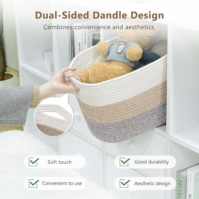 Cotton Rope Storage Basket, 15x10x9 Inches, Woven Basket for Shelves, Clothes, Toys, Towels, Books, and Laundry, Durable and Stylish, White Brown (2 Pack)-NeatNest