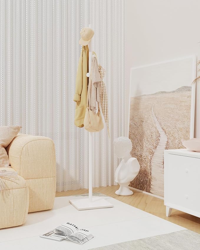 Coat Rack Freestanding, Small Standing Coat Tree with Heavy Rock Slab Base, Modern Metal Coat Hanger Stand with 8 Hooks, Garment Rack, 11.8 x 11.8 x 68.9 In, White, GYJ002W-NeatNest