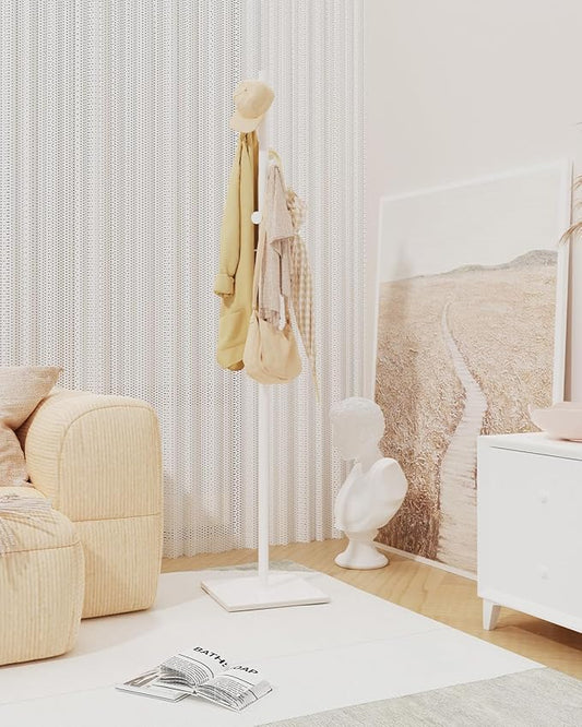 Coat Rack Freestanding, Small Standing Coat Tree with Heavy Rock Slab Base, Modern Metal Coat Hanger Stand with 8 Hooks, Garment Rack, 11.8 x 11.8 x 68.9 In, White, GYJ002W-NeatNest