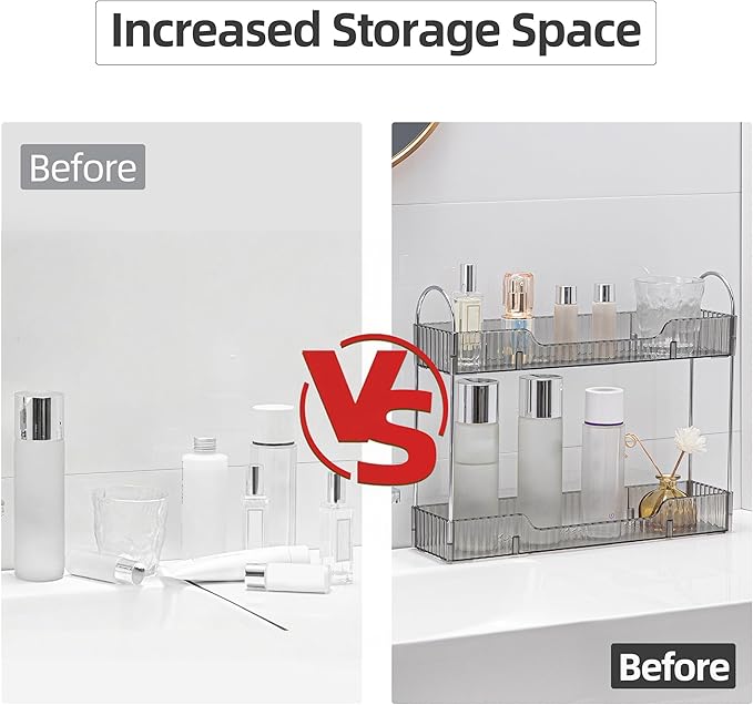 YCIA&DONE 2 Tiers Narrow Vanity Makeup Organizer, Bathroom Organizers Countertop Slim, Perfume Holder Skincare Storage Cosmetic Shelf Spice Rack, for Small Desktop Counter Space, Smoky Gray-NeatNest