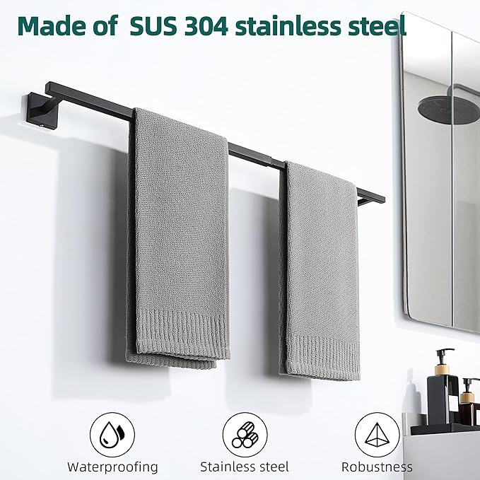 Alise Bathroom Towel Bar, Adjustable 17-30 Inch Single Towel Racks SUS304 Stainless Steel Towel Holder, Towel Racks for Bathroom Wall Mounted Towel Rack Matte Black