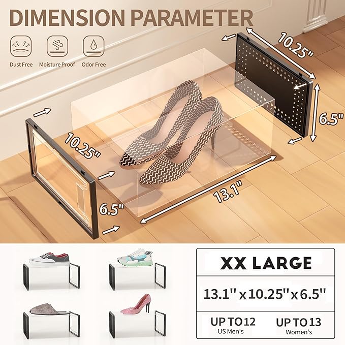 12 Pack XX Large Shoe Organizer Storage Boxes for Closet, Modular Space Saving Shoe Boxes Clear Plastic Stackable Sneaker Containers Display Case with Lids, Black-NeatNest