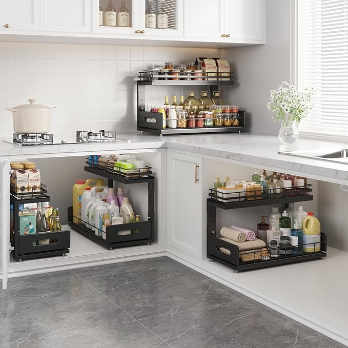 2 Pack 18 IN Depth Under Sink Organizer with Smooth Ball Bearing Slides,2-Tier Pull Out Cabinet Storage,Slide Out Drawers for Bathroom&Kitchen,Rust-resistant Coating,Height Adjustable-Black-NeatNest