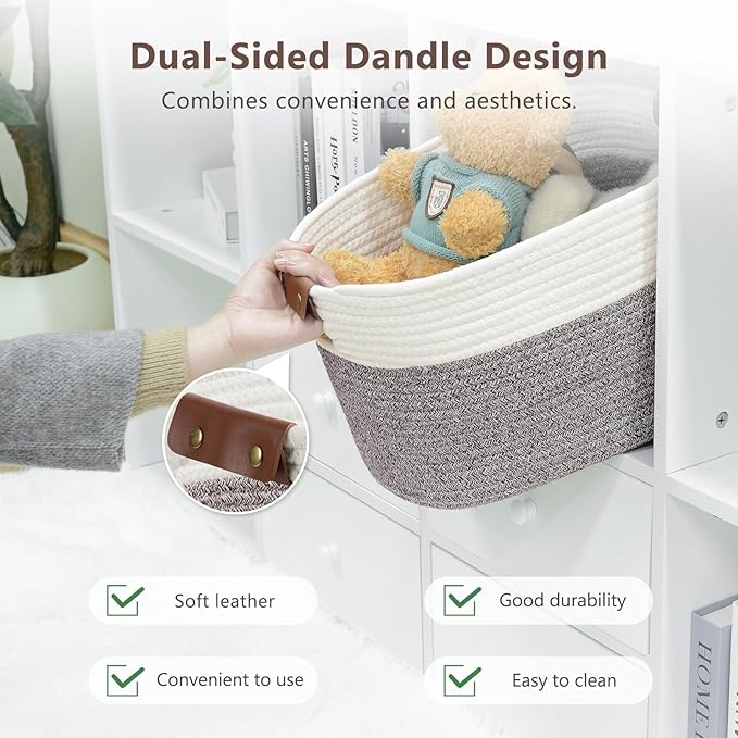 Cotton Rope Basket , Storage Baskets with Handle, 15x10x9 Inch Woven Basket for Shelves, Laundry, Towels, Clothes, Books, Toys (White Brown 3 Pack)-NeatNest