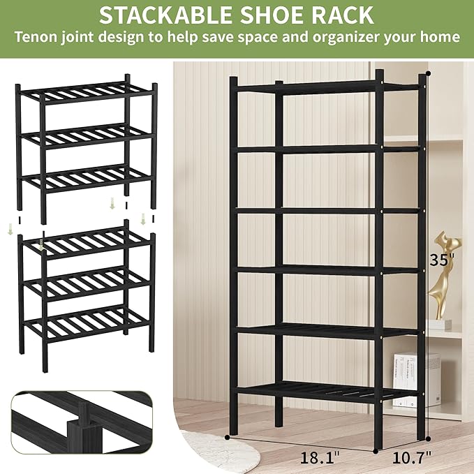 6-Tier Bamboo Small Shoe Rack, Free Standing Wood Shoe Shelf Storage Organizer for Closet Entryway Stackable (Black)-NeatNest