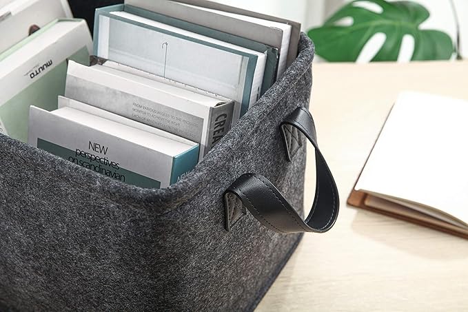 Collapsible Storage Bins Foldable Felt Fabric Storage Basket Organizer Boxes Containers with Handles PU Handles for Nursery Toys,Kids Room,Clothes,Towels,Magazine (PU-Dark grey, 15.9L×11W×9.8H)-NeatNest