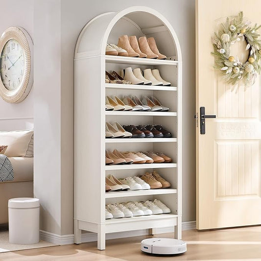 71" Tall Arched Shoe Storage Cabinet, 7 Tiers 28 Pairs Wooden Shoe Rack with 3 Adjustable Shelves, Freestanding Shoe Closet Shelf Organizer for Entryway, Hallway, Living Room (Antique White)-NeatNest