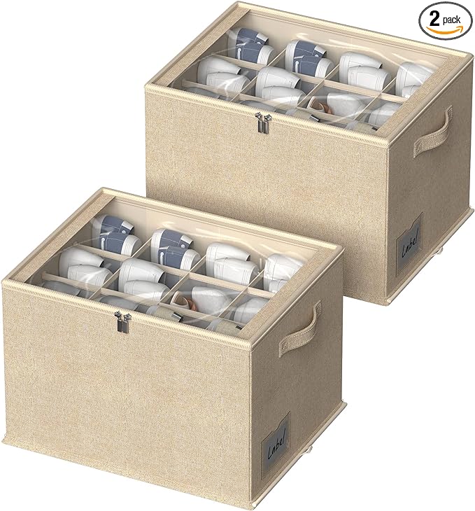 2 Pack Shoe Organizer for Closet - Shoe Storage Bins with Clear Cover, Fabric Shoe Storage Containers with Reinforced Handles, Fits up to 24 Pairs (Beige, 16.5 * 12.6 * 12.2in)-NeatNest