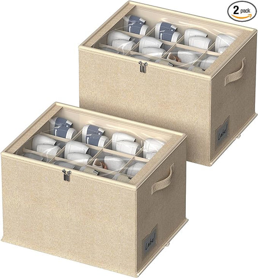 2 Pack Shoe Organizer for Closet - Shoe Storage Bins with Clear Cover, Fabric Shoe Storage Containers with Reinforced Handles, Fits up to 24 Pairs (Beige, 16.5 * 12.6 * 12.2in)-NeatNest