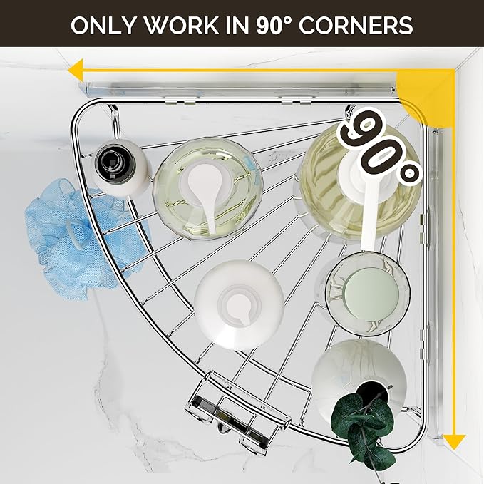 Orimade Corner Shower Caddy Stainless Steel with Hooks Wall Mounted Bathroom Shelf Storage Organizer Adhesive No Drilling 2 Pack, Silver Only for 90-Degree Corner