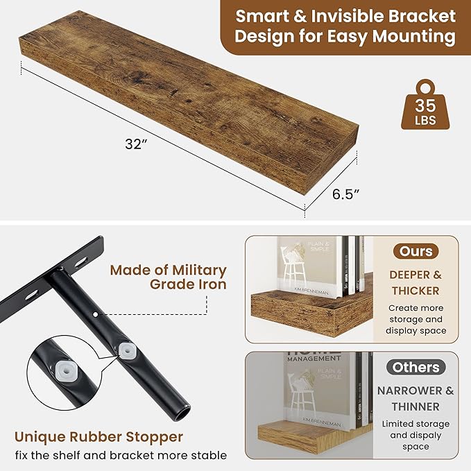 fuqing Floating Shelves for Wall, Bathroom Shelf Wall Mounted for Storage, Shelves with Invisible Bracket for Bedroom, Kitchen, Living Room, Farmhouse Small Book Shelf, 32 Inch Set of 2, Rustic Brown-NeatNest