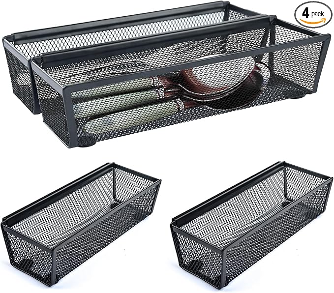 4PCS Drawer Organizer, Mesh Drawer Organizer with Interlocking Arm for Utensil, Cosmetic, Flatware, Pen (9 * 3 * 2 Inches, Black)-NeatNest